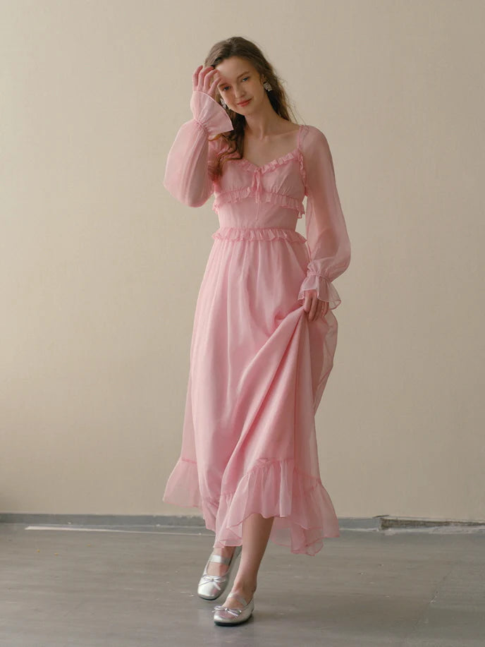 Blush Petal Frill Chiffon Dress