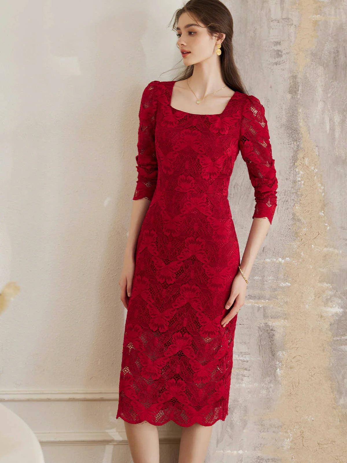 Scarlet Elegance Lace Midi Dress