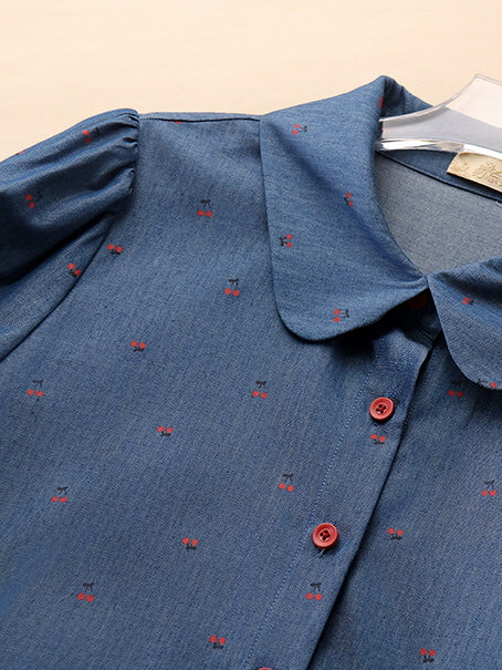 Cherry Embroidered Blue Cotton Dress