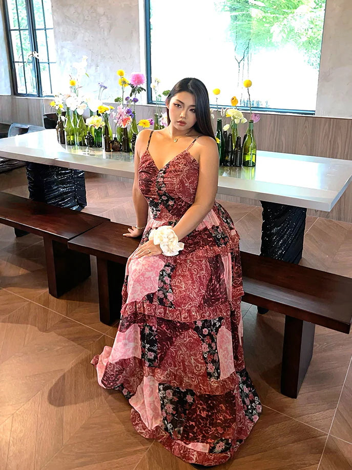 Rosy Patchwork Ruffle Maxi Dress