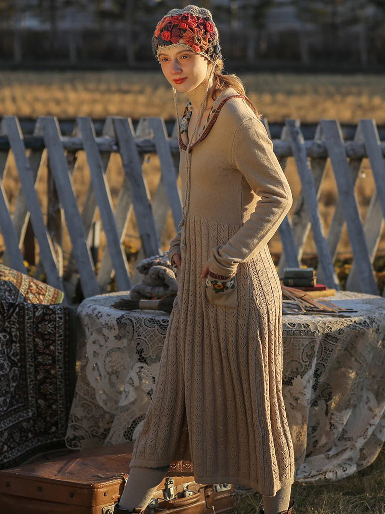 Warm Beige Elegance Floral Knit Dress