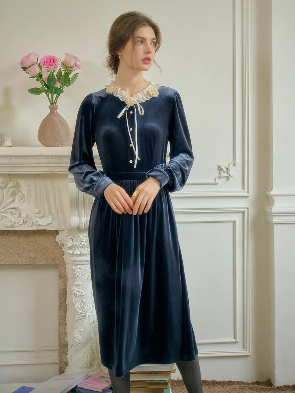 Velvet Rose Collar Blue Dress