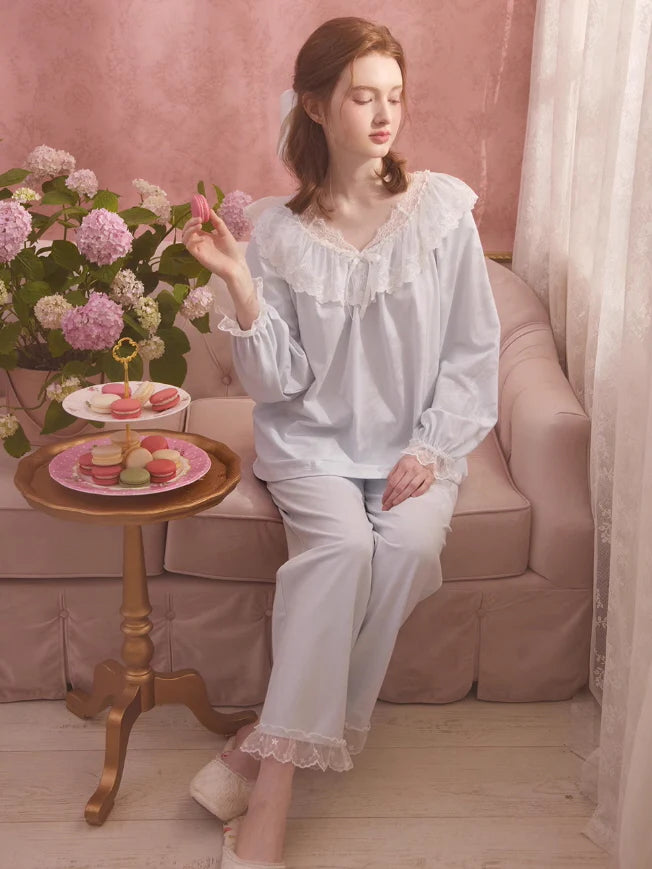 Graceful Lace Trim Cotton Pajama Set