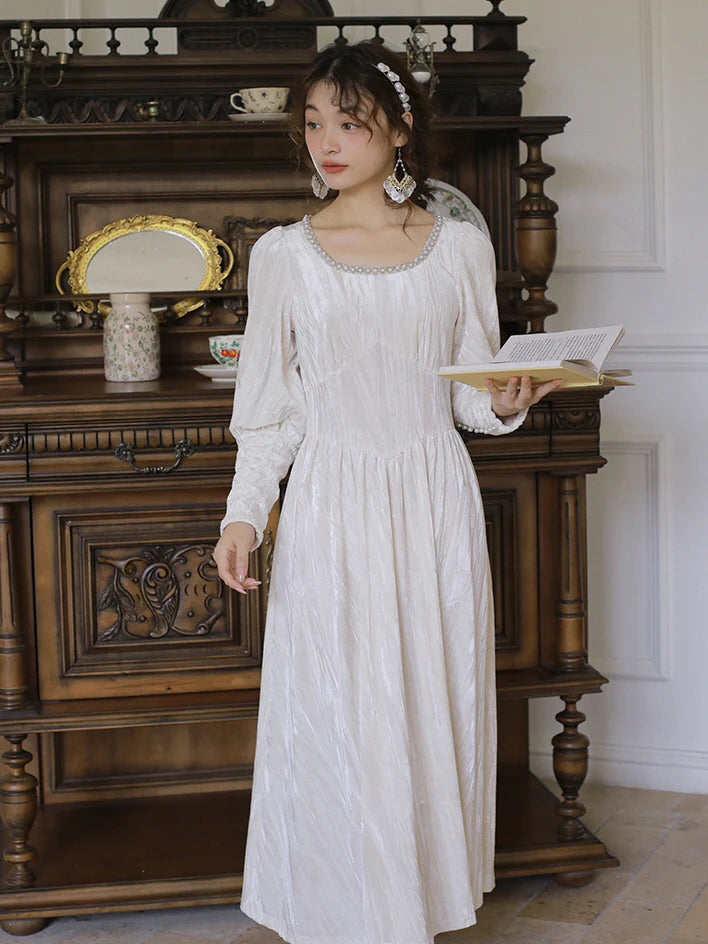 Elegant Pearl-Trimmed Ivory Long Dress