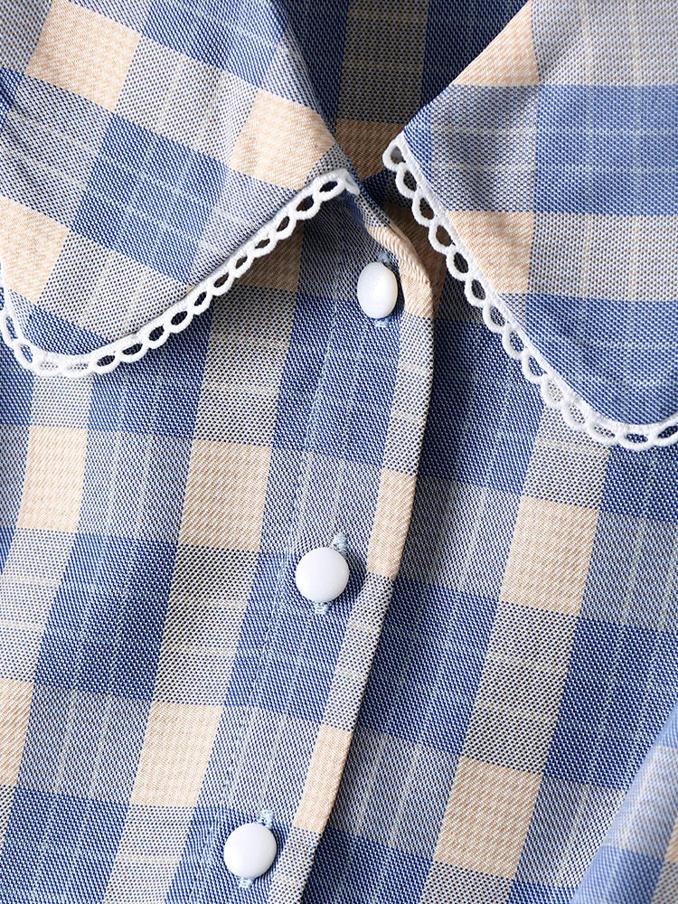 Vintage Blue Plaid Lace Trim Dress