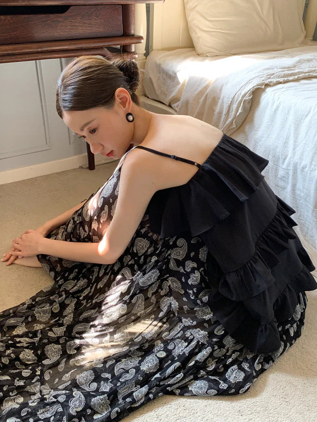 Black Ruffle Camisole & Paisley Maxi Skirt