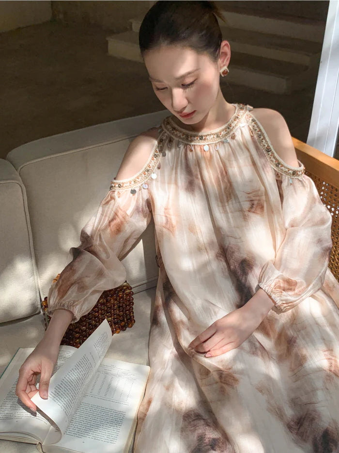 Elegant Cold-Shoulder Tie-Dye Dress