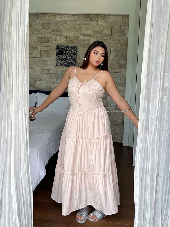 Blush Ribbon-Tie Tiered Dress