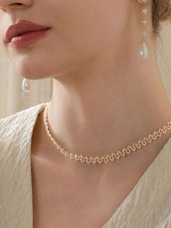 Vintage Floral Beaded Pearl Choker Necklace