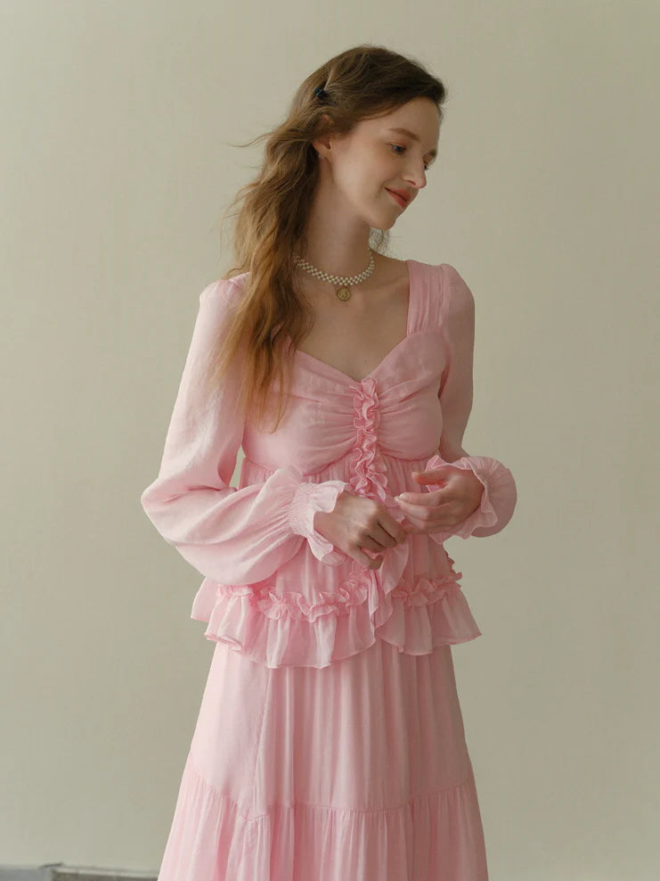 Rosy Frill Long Sleeve Top & Tiered Lace Skirt