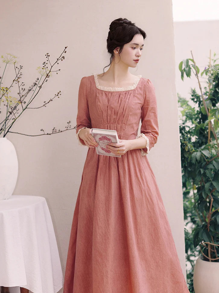Retro Lace-Trimmed Cotton Dress