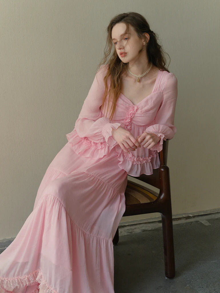 Rosy Frill Long Sleeve Top & Tiered Lace Skirt