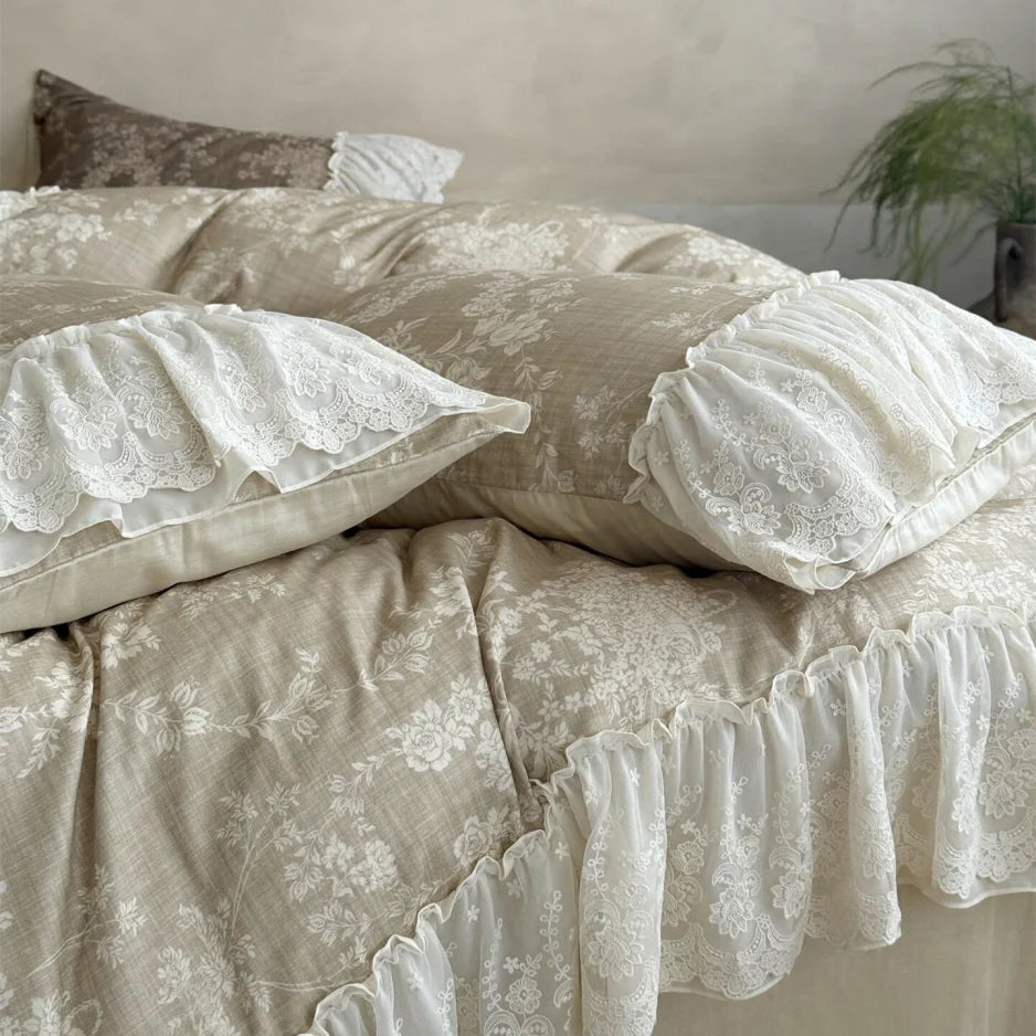 Beige Floral Lace Ruffle Bedding Set