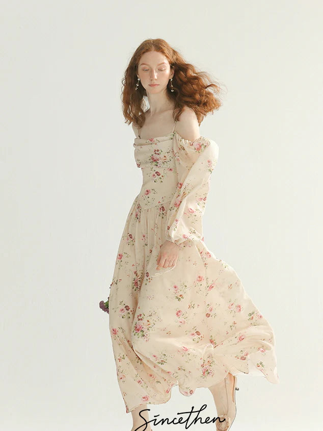 Vintage Rose Garden Off-Shoulder Dress