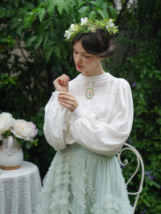 Embroidered Floral Brooch Linen Cotton Blouse