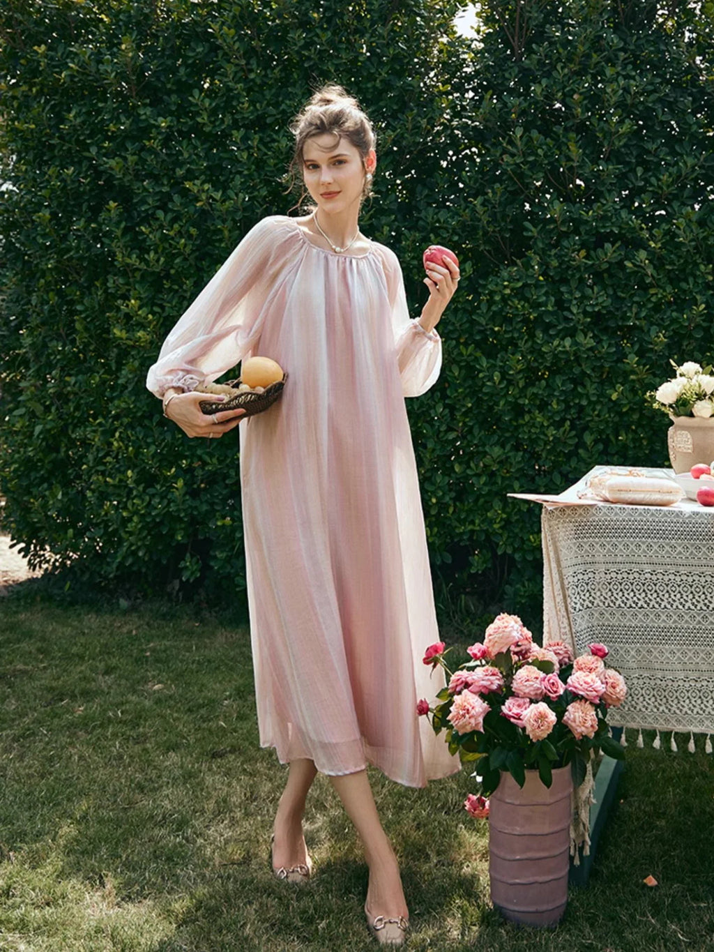 Ethereal Blush Striped Chiffon Dress