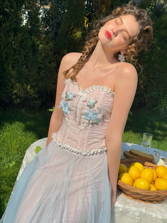 Pastel Bloom Embroidered Corset & Tulle Skirt