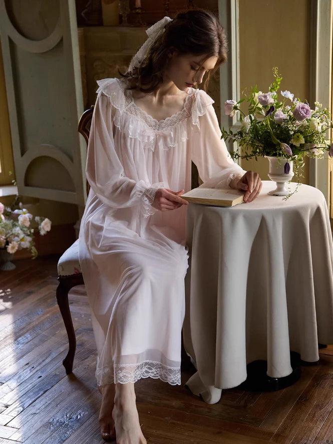 Ethereal Lace-Embroidered Long Nightdress