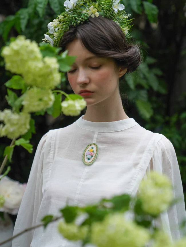 Embroidered Floral Brooch Linen Cotton Blouse