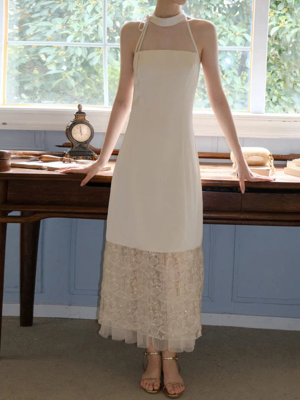 Moonlight Petal Lace Halter Dress