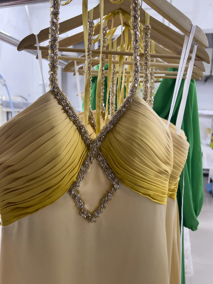 Golden Twilight Beaded Halter Dress