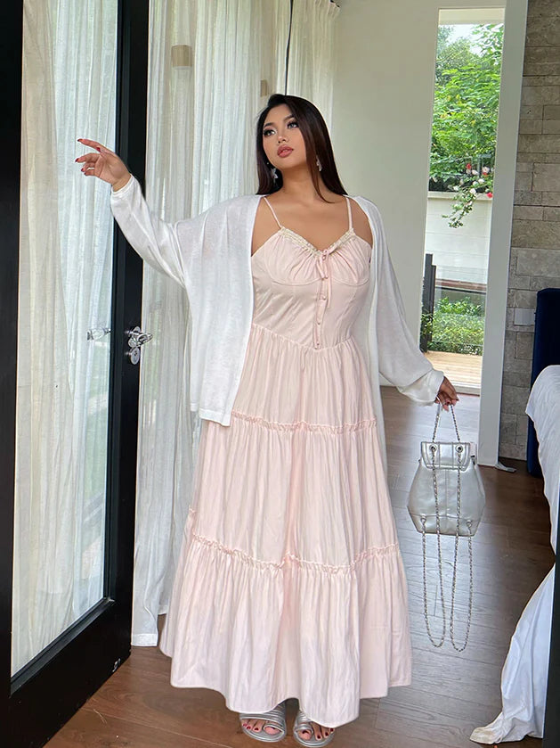 Blush Ribbon-Tie Tiered Dress