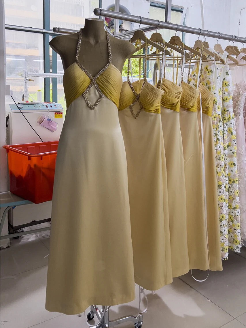 Golden Twilight Beaded Halter Dress