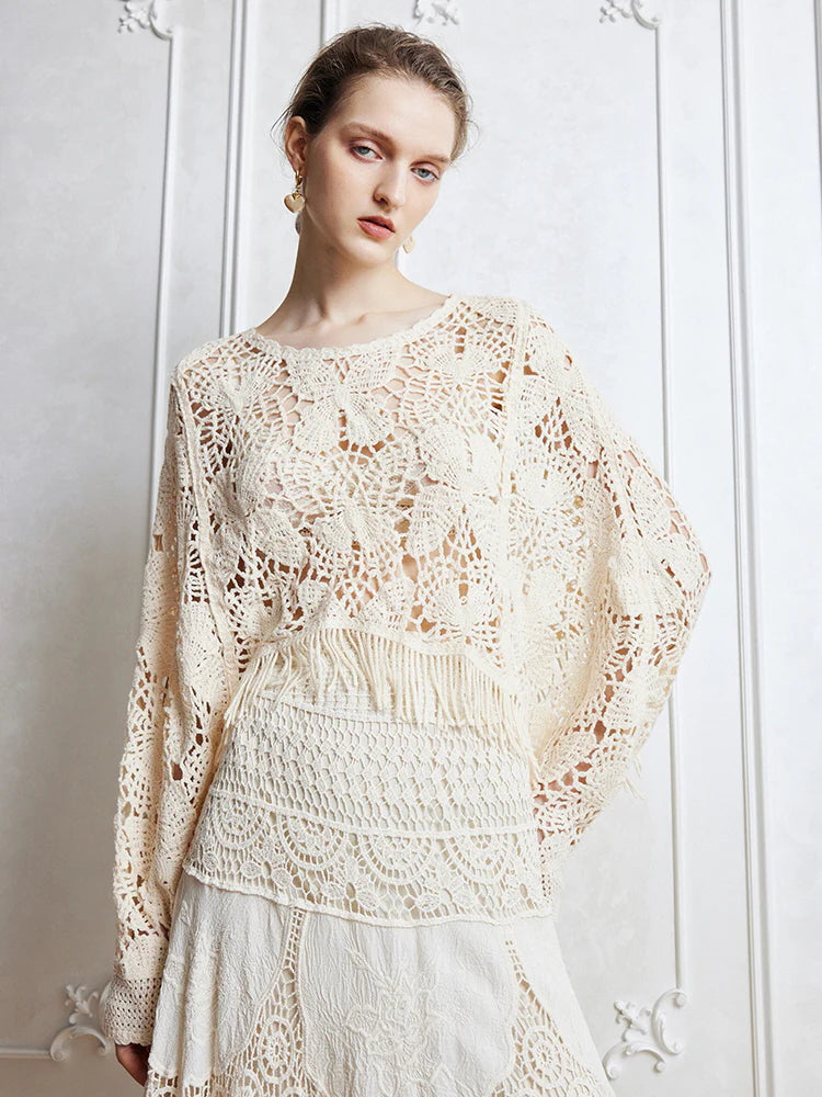 Bohemian Crochet Fringe Knit Top
