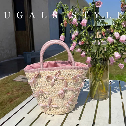 Summer Vacation Straw Ribbon Tote Bag