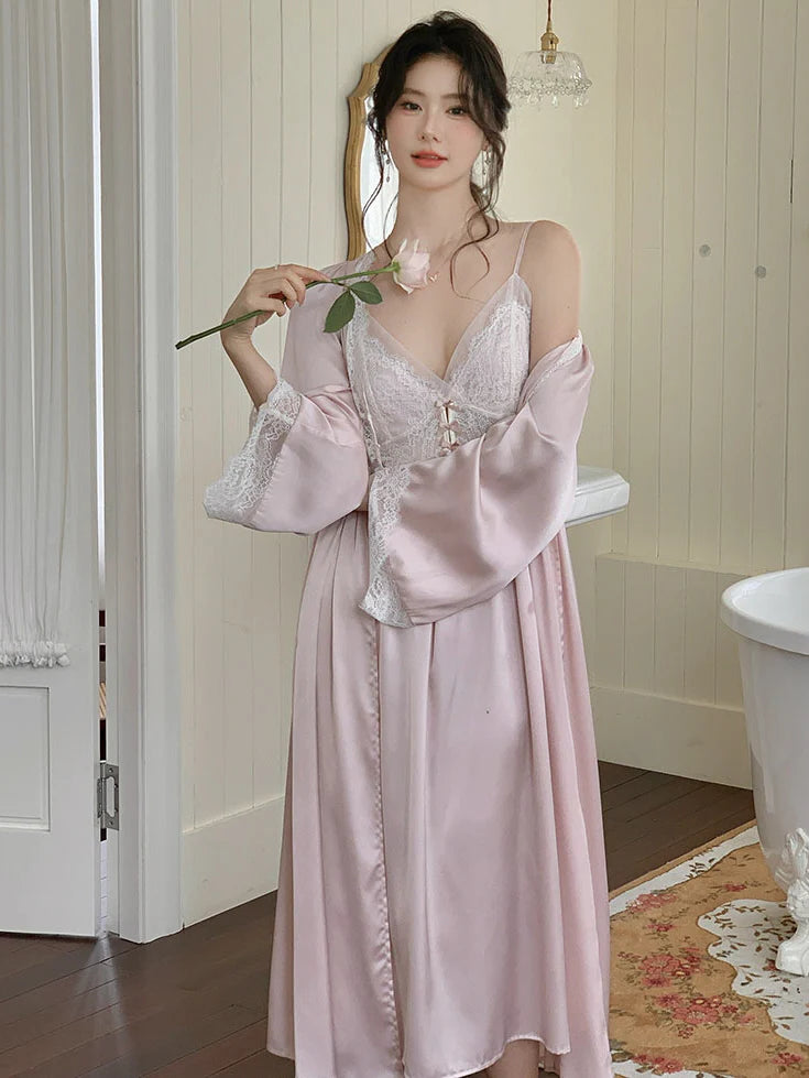 Blush Lace Trim Nightgown & Robe Set