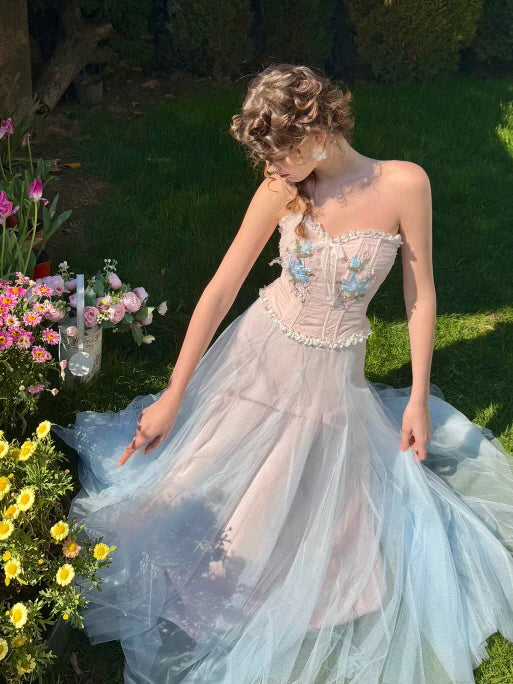Pastel Bloom Embroidered Corset & Tulle Skirt