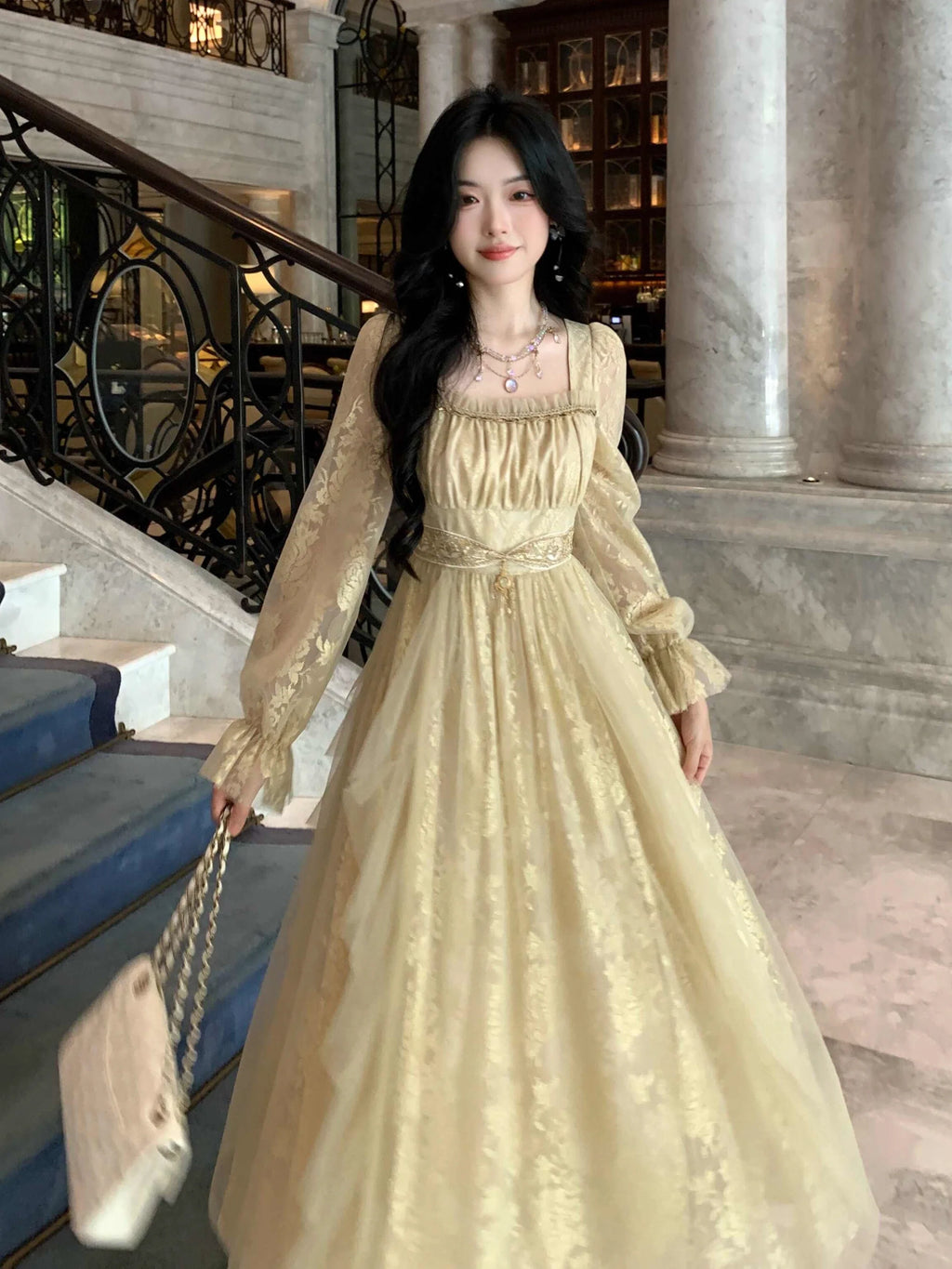 Golden Elegance Vintage Lace Dress
