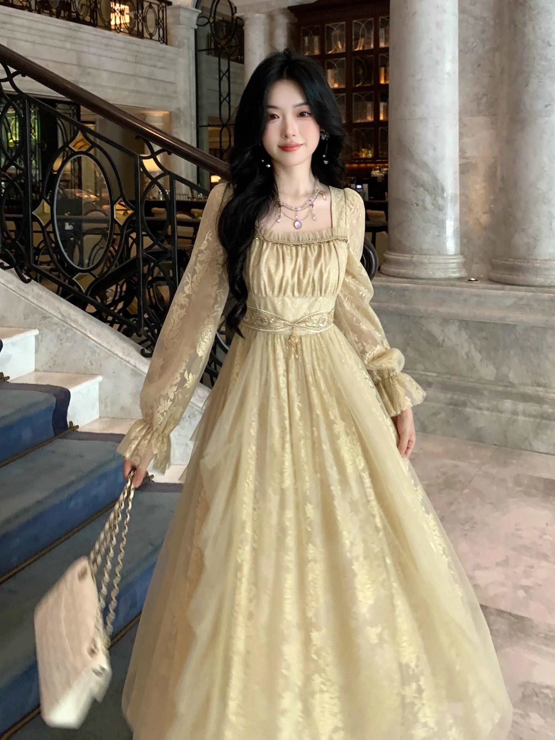 Golden Elegance Vintage Lace Dress