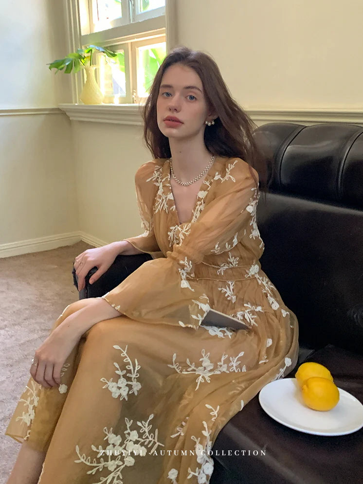 Golden Bloom Embroidered Sheer Dress