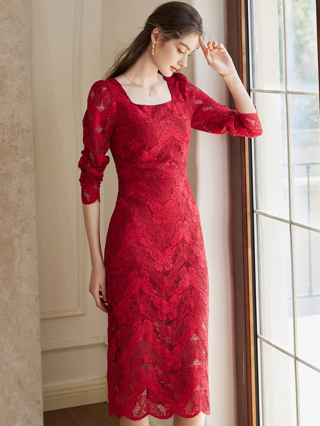 Scarlet Elegance Lace Midi Dress