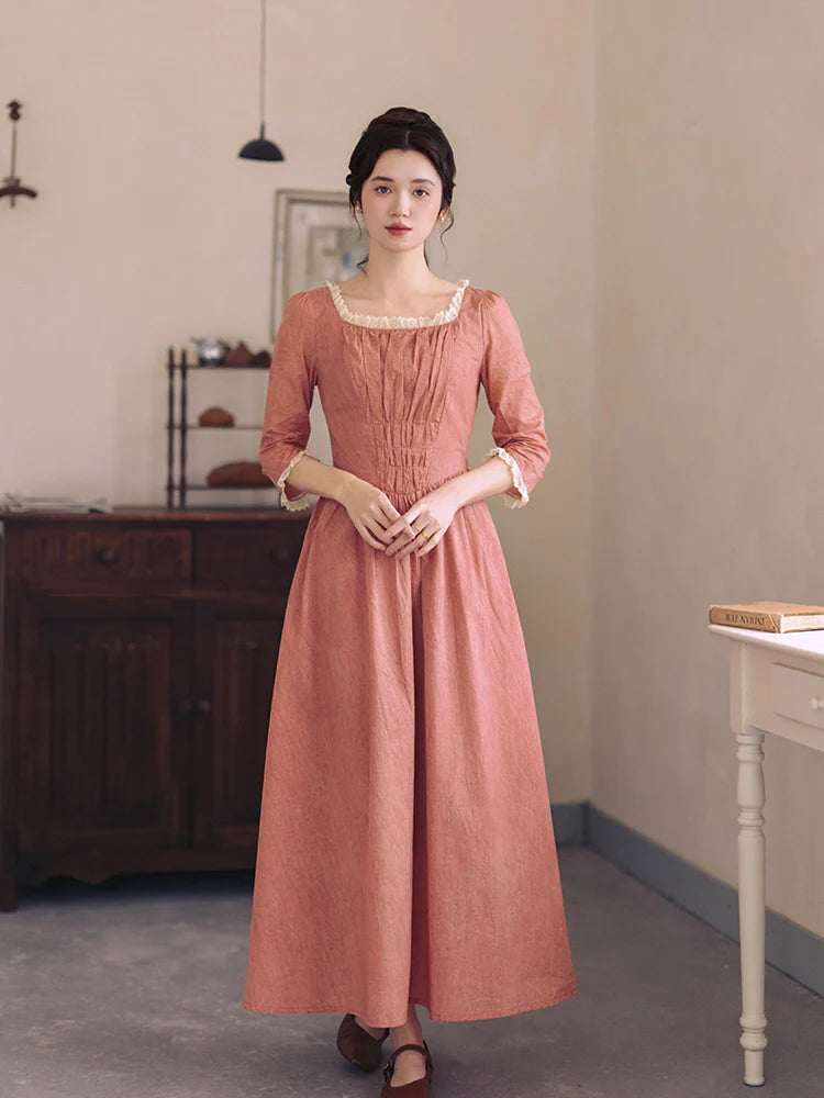 Retro Lace-Trimmed Cotton Dress