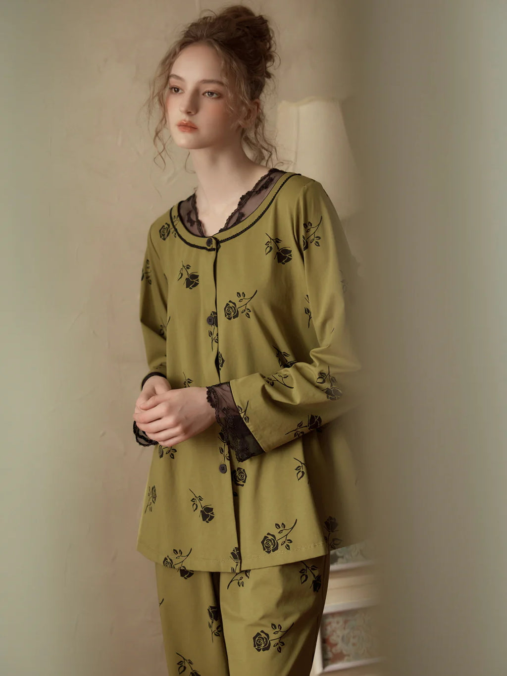 Vintage Rose Lace Trim Pajama Set