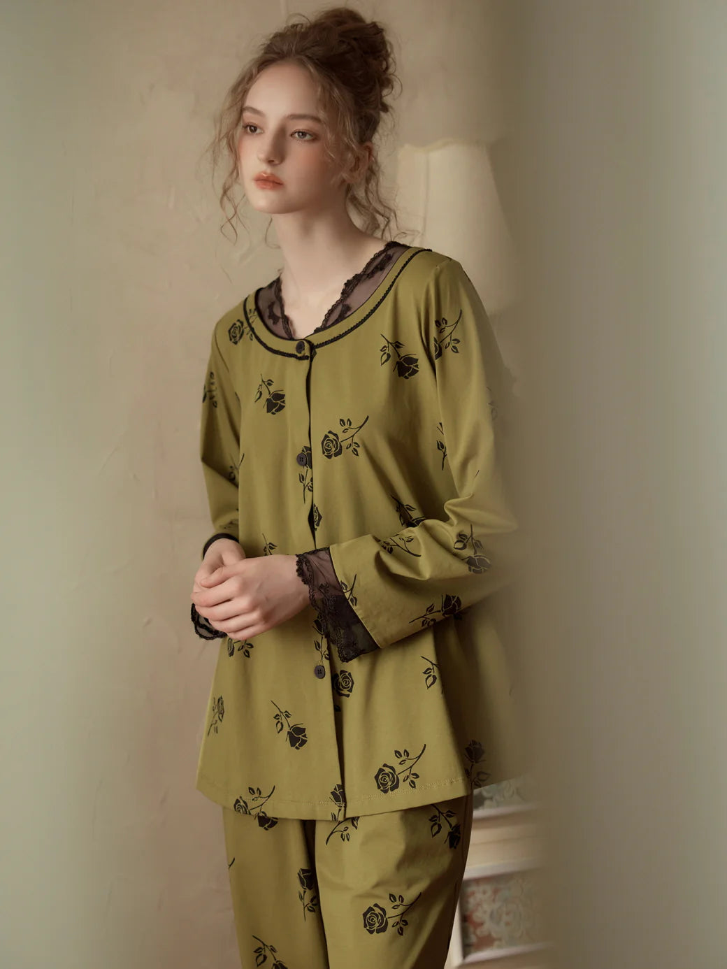 Vintage Rose Lace Trim Pajama Set