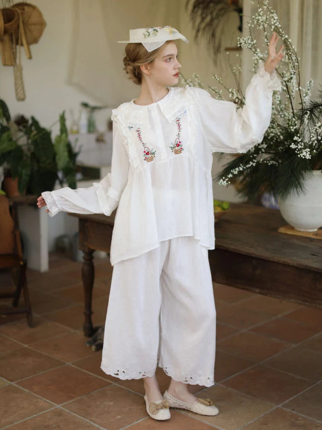Flower Basket Embroidery Linen Blouse