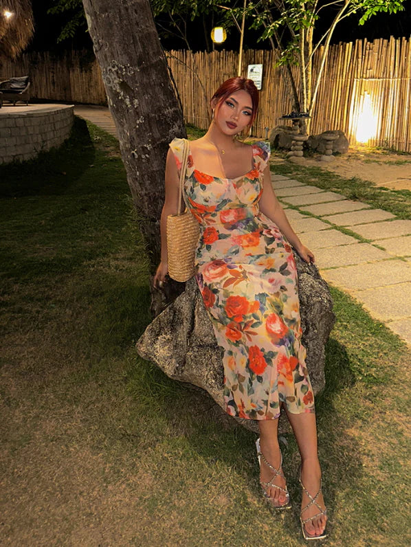 Tropical Sunset Watercolor Floral Dress