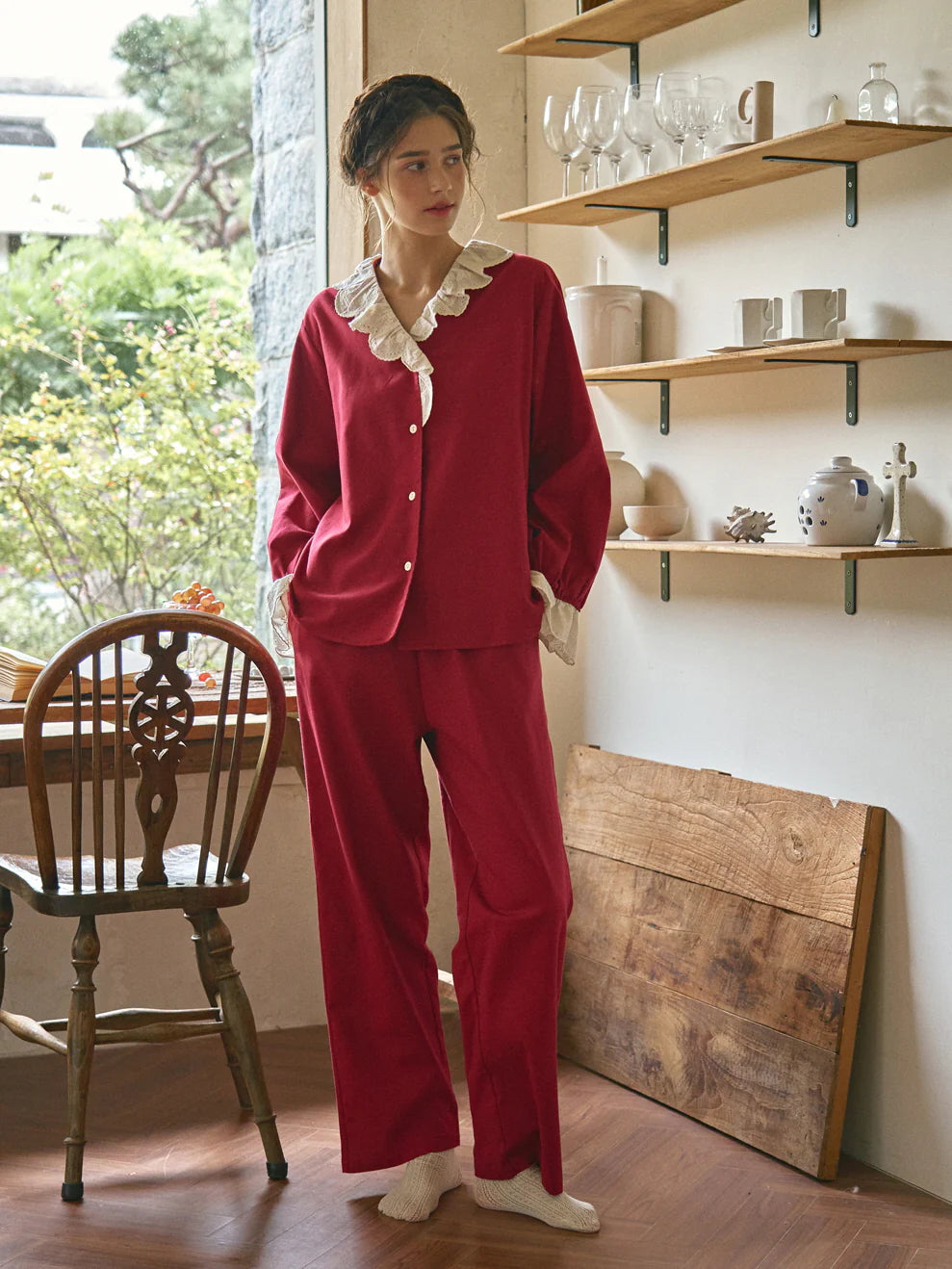 Autumn Romance Cotton Lace Pajama Set