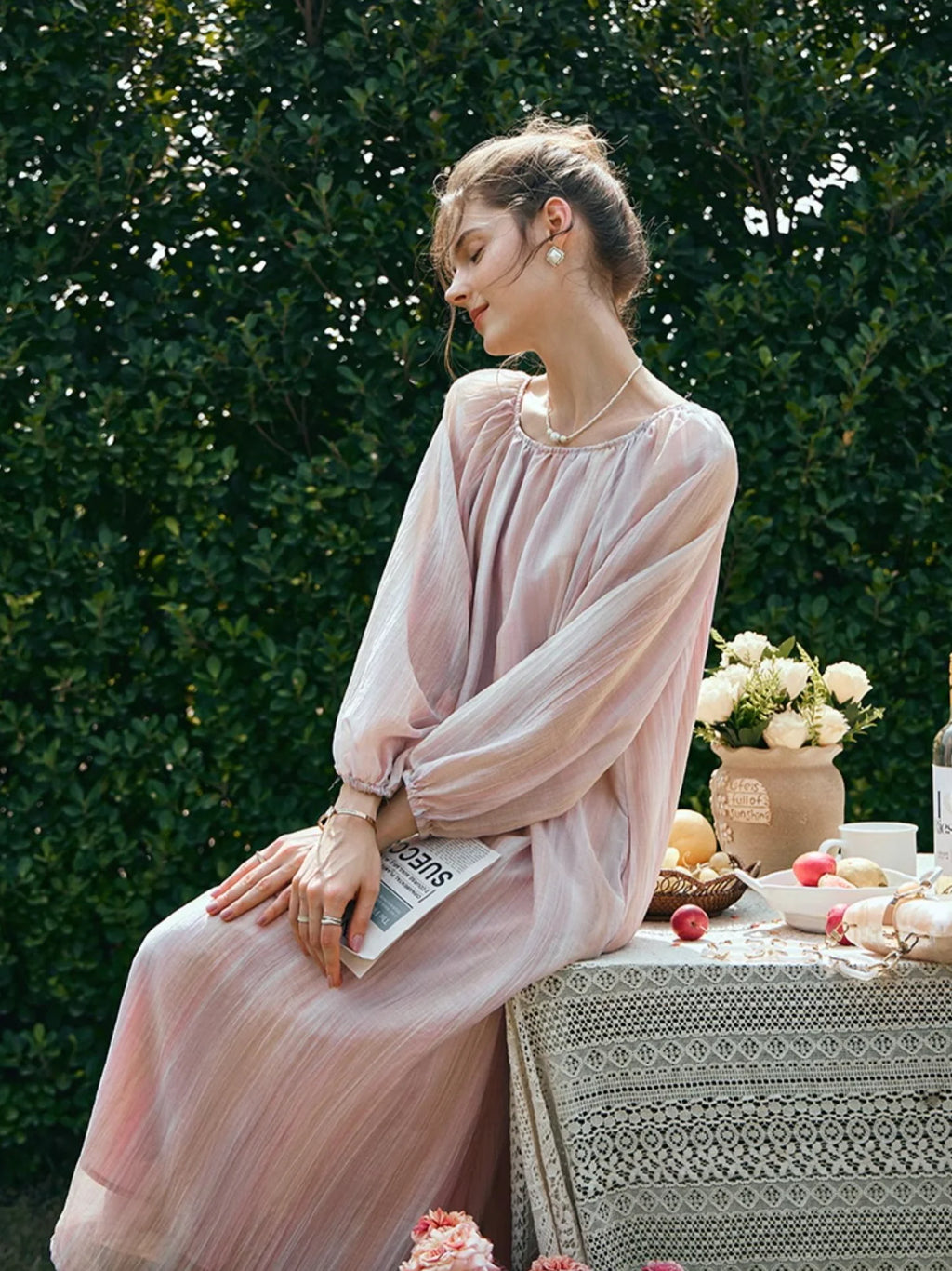 Ethereal Blush Striped Chiffon Dress