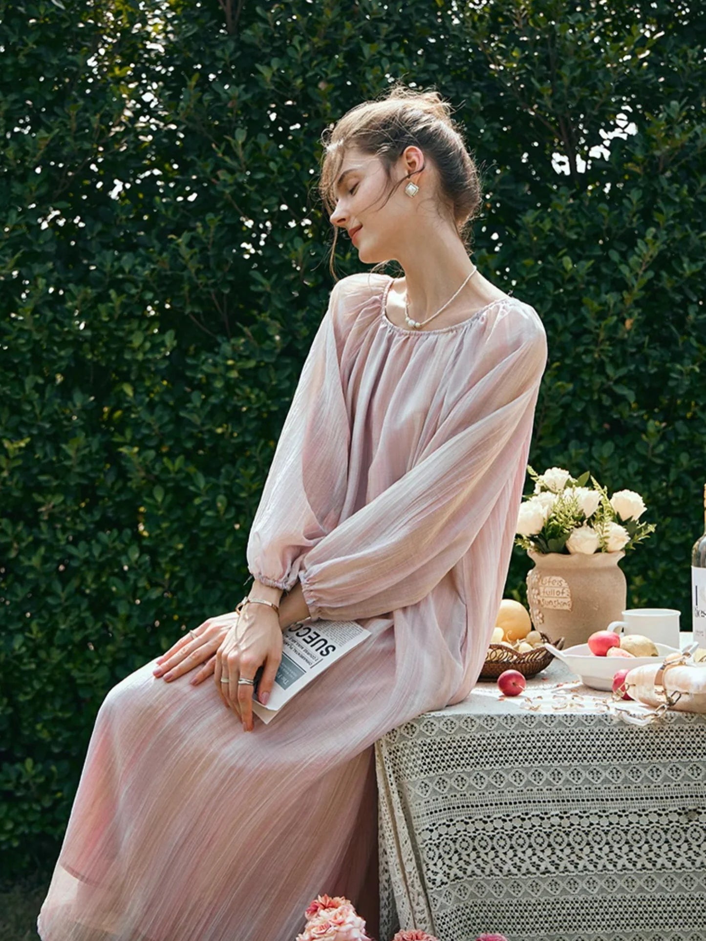 Ethereal Blush Striped Chiffon Dress