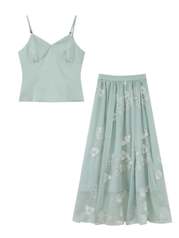 Whispering Petal Satin Top & Embroidered Tulle Skirt