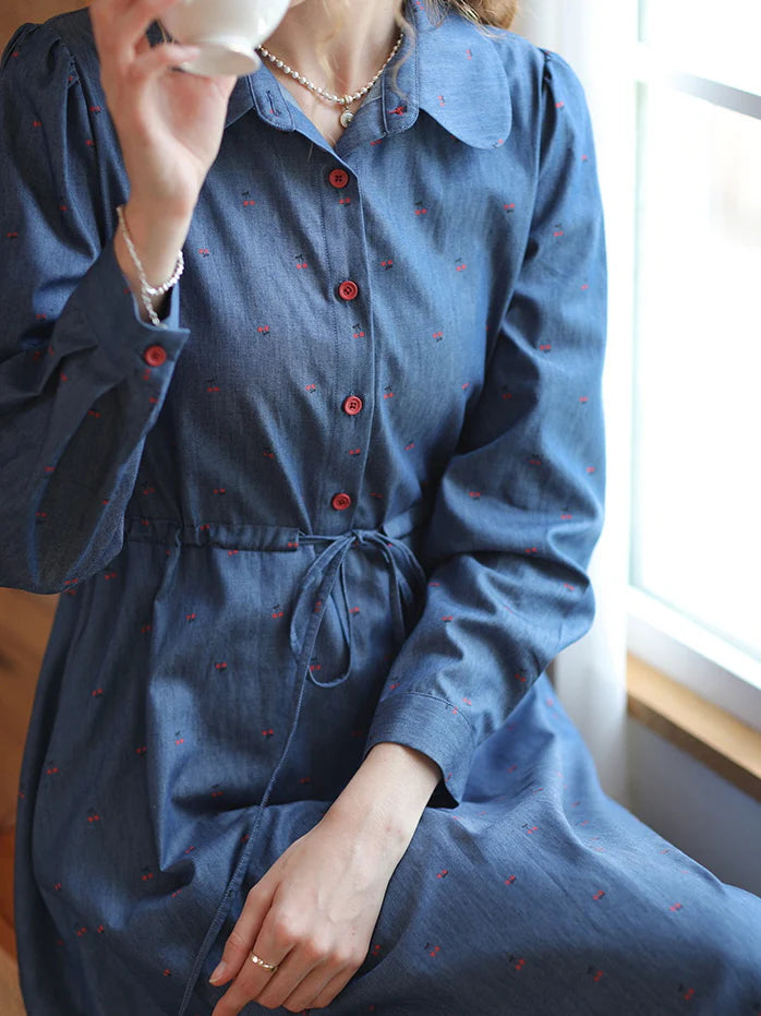 Cherry Embroidered Blue Cotton Dress