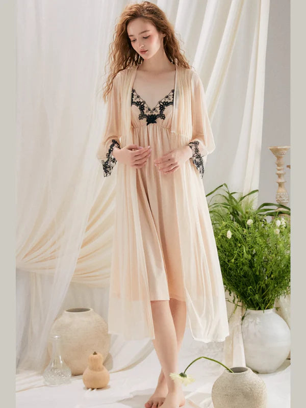 Ethereal Lace Trim Nightgown Set – Delicate Robe & Slip Dress