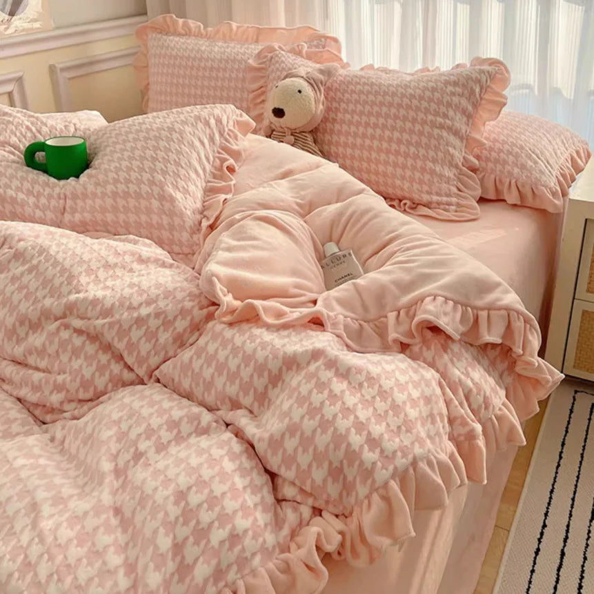 Pink Velvet Check Ruffled Bedding Set