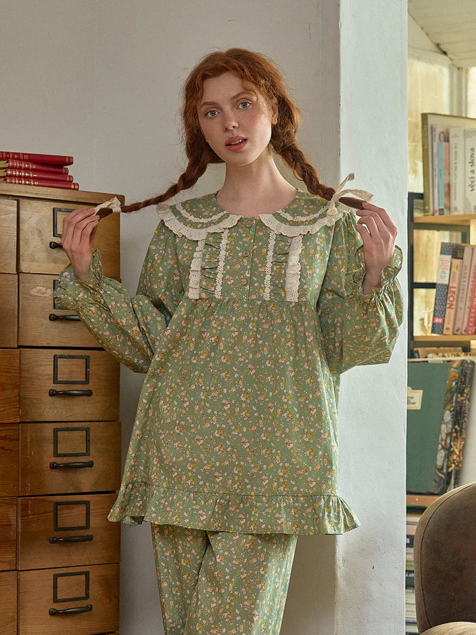 Green Floral Lace Trim Pajama Set
