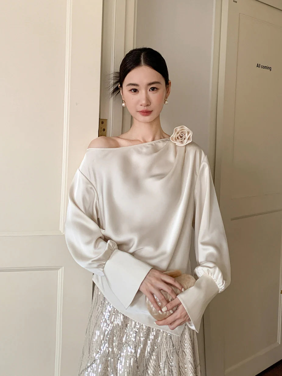 Off-Shoulder Flower Accent Blouse