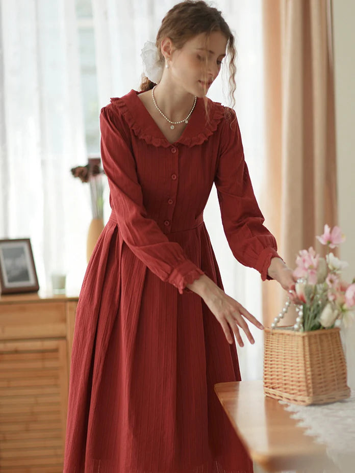 Lace-Trimmed Vintage Rust Cotton Dress